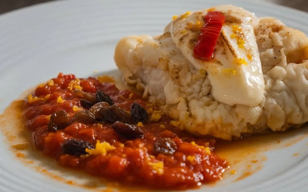Segon de peix casolà amb salsa de tomata i panses, un plat del menú del dia de Gaudeix