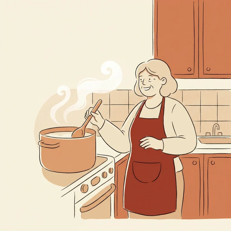 Il·lustració: la cuinera de Gaudeix amb davantal vermell remenant una olla de menjar casolà